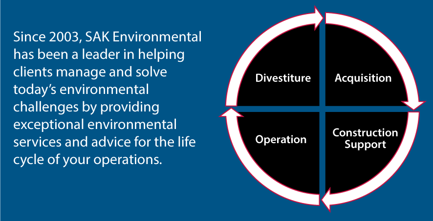 Since 2003, SAK Environmental has been a leader in helping clients manage and solve today's environmental challenges by providing exceptional environmental services and advice for the life cycle of your operations.